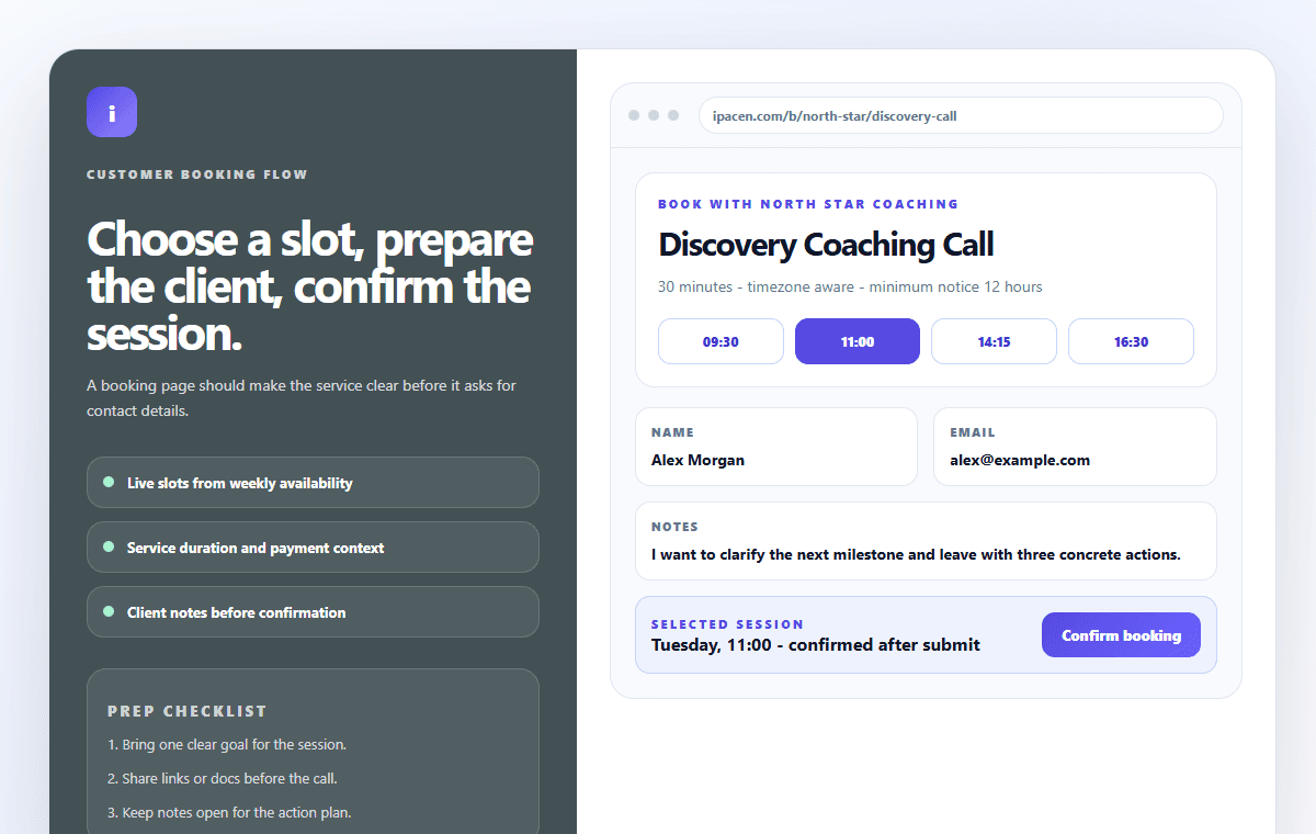 iPacen customer booking workflow with slot selection and confirmation details